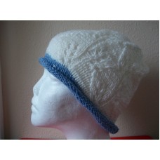 Hand knitted elegant lace pattern beanie/hat  white with blue trim  eb-68225797